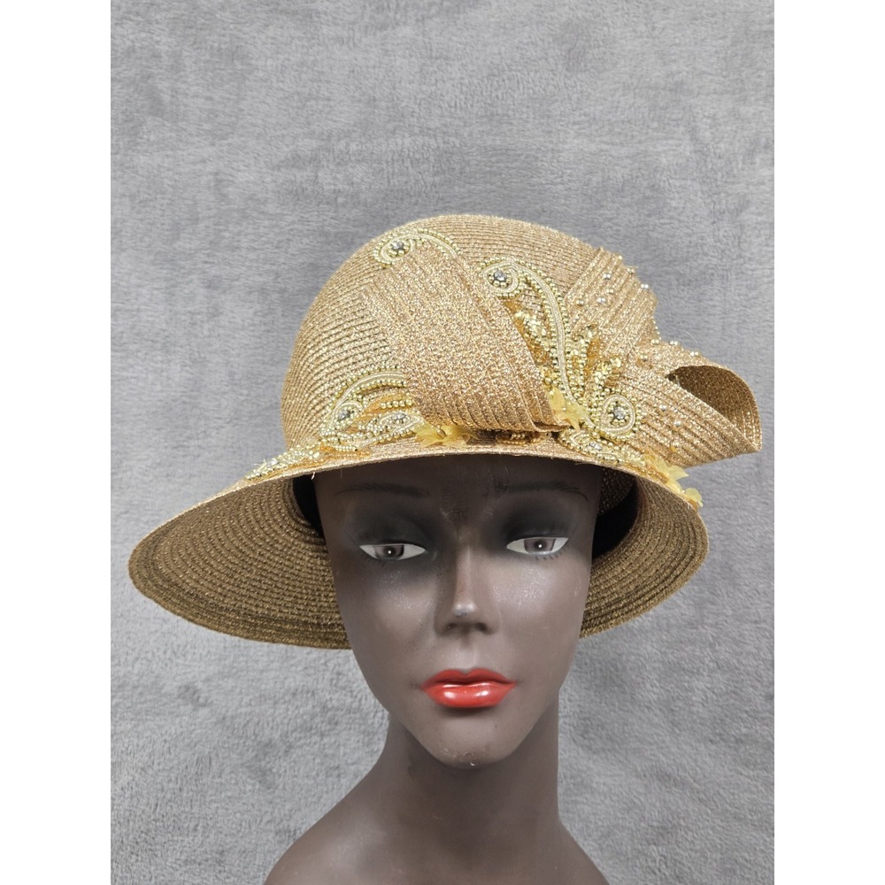 Vintage Derby Church Party Hat Gold Straw Metallic Rhinestone Ms Divine